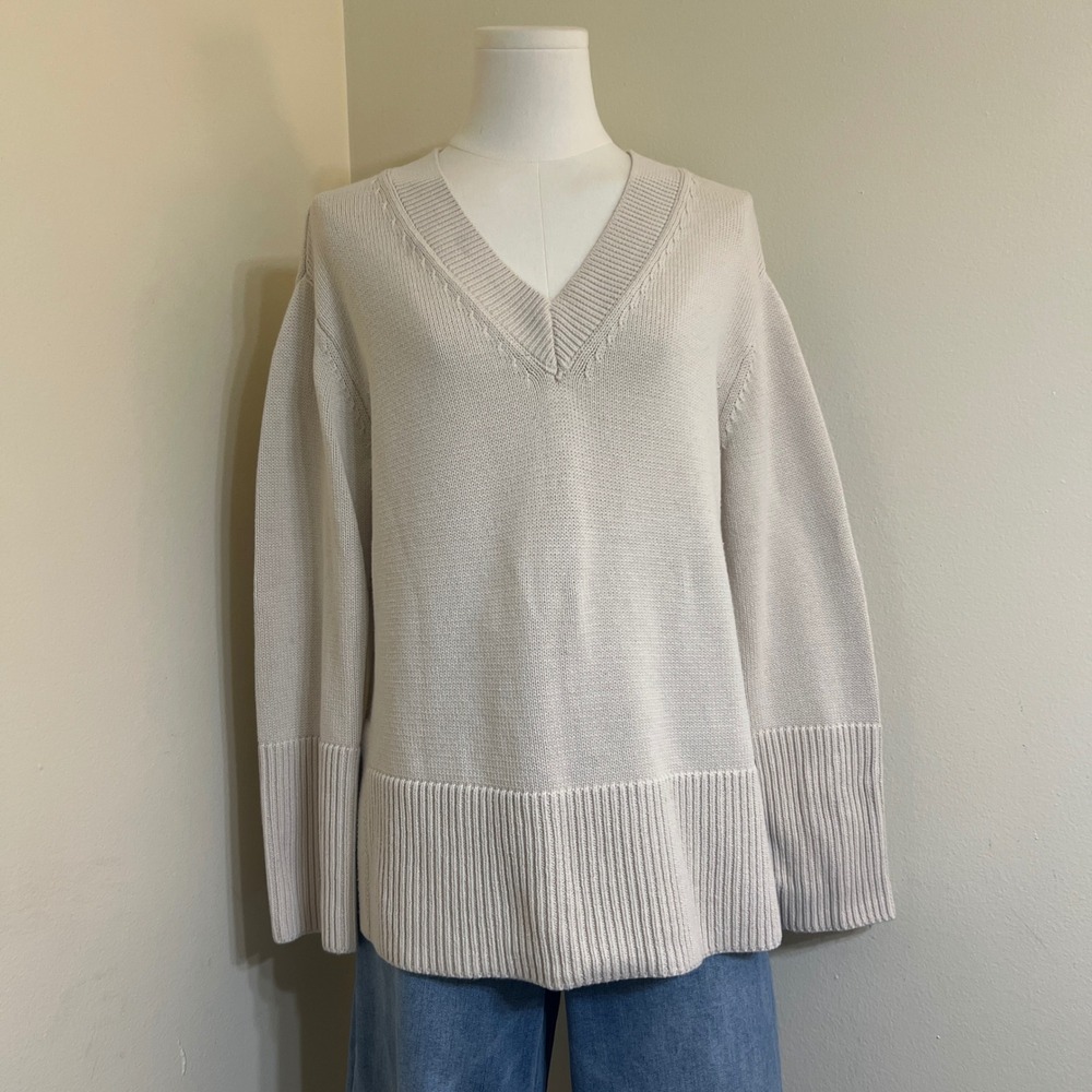For The Republic Womens V-Neck 100% Cotton Knit Sweater Cream Beige Size Large